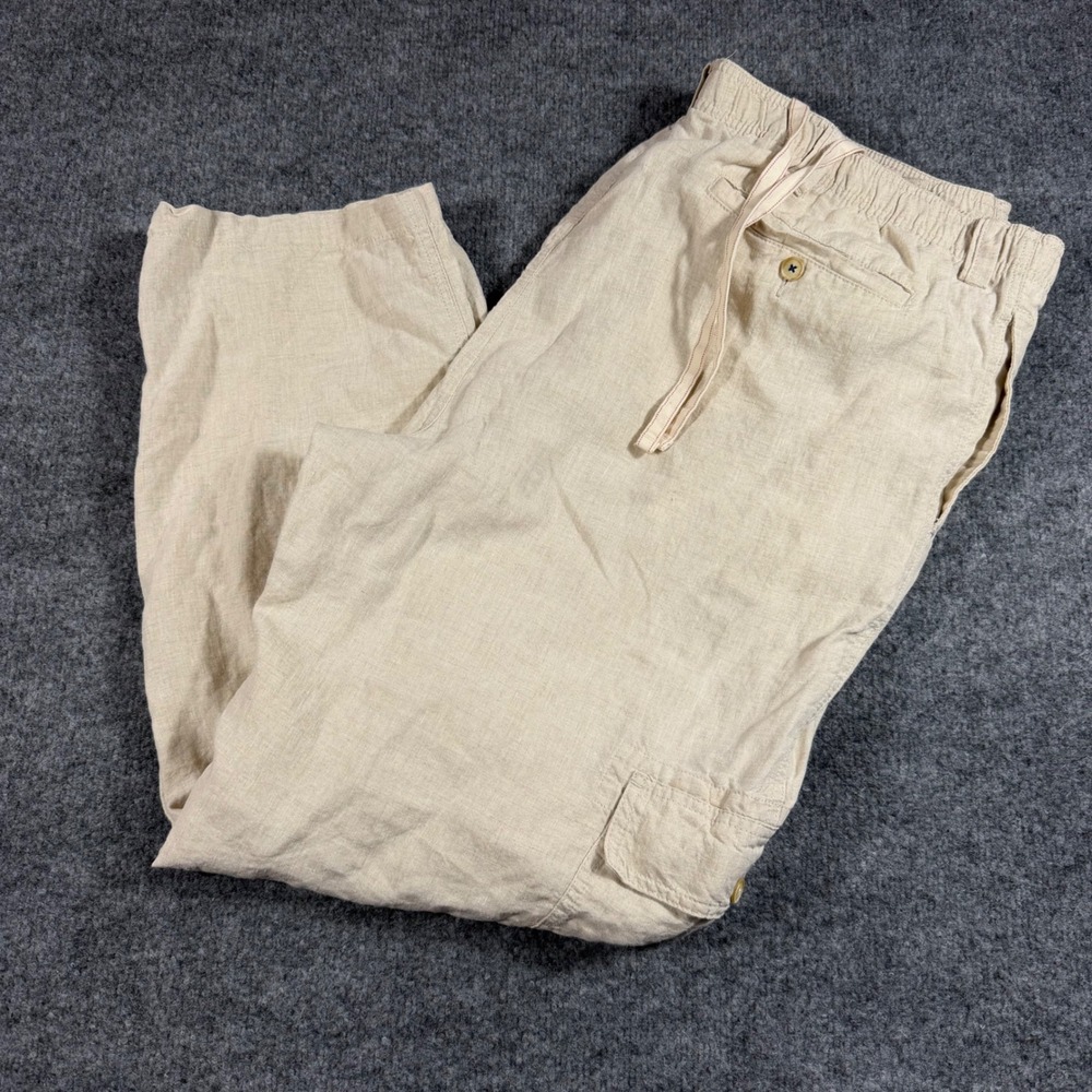 Caribbean‎ Cargo Pants Mens 46x32 Beige 100% Linen Drawstring Summer Beach EUC